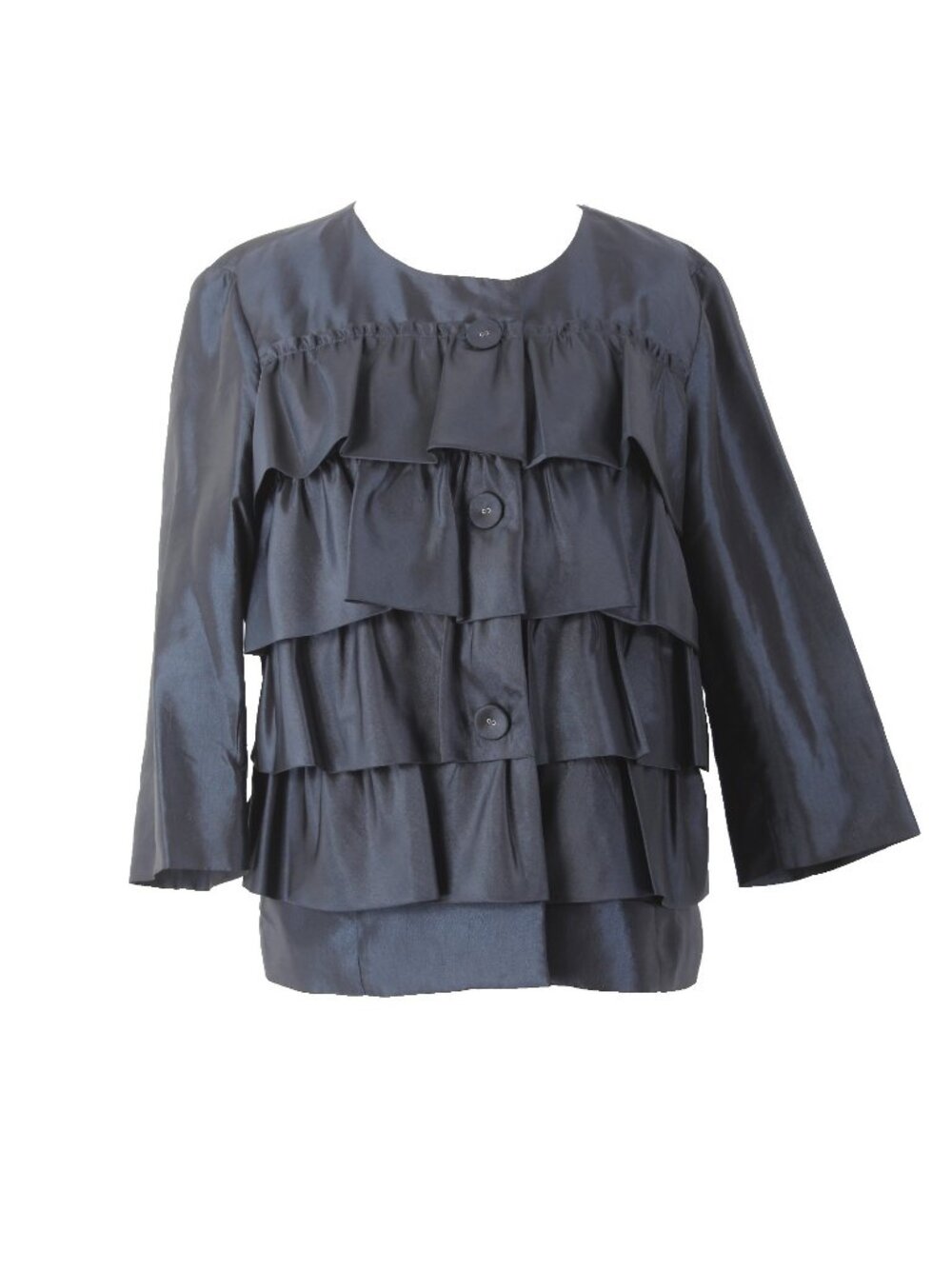Jaipur Jacket Sz L Navy Blue Sheen Ruffled Buttons Crop 100% Polyester Jacket